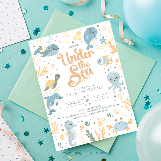 Under the Sea birthday party invitation with sea creature illustrations on a teal background.