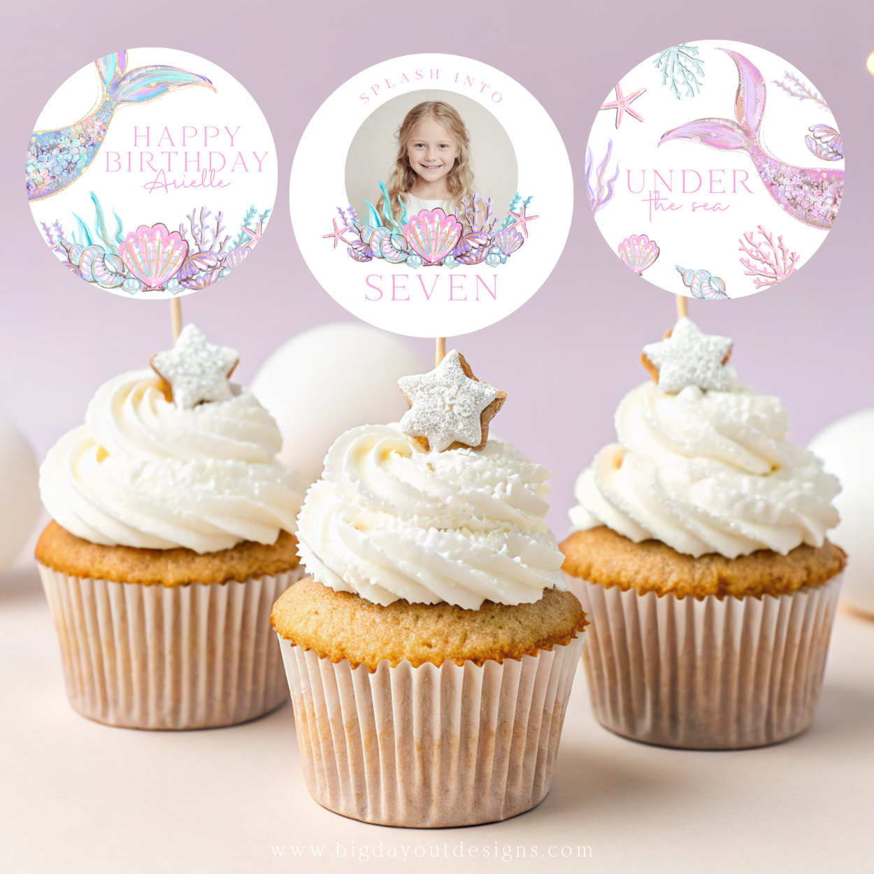 Custom photo mermaid birthday cupcake topper
