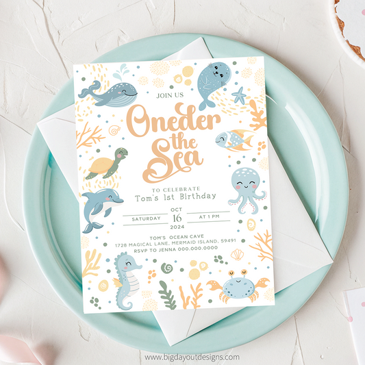 Underwater-themed birthday invitation on a light blue plate with a white background