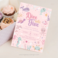 Underwater-themed birthday invitation with sea creatures on a pink background, surrounded by cupcakes and a gift box.