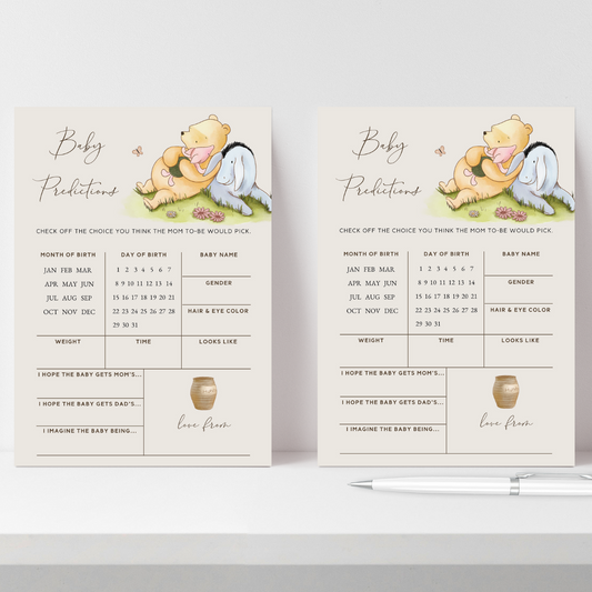 wishes for baby game
winnie the pooh game
game baby shower
pooh printables
classic pooh print
parental advice game
vintage pooh shower
pooh baby shower
editable template
predictions games
baby prediction game
predictions card
couples baby shower