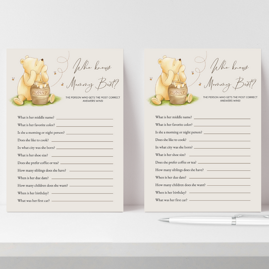 winnie the pooh game
game baby shower
pooh printables
classic pooh print
vintage pooh shower
pooh baby shower
editable template
who knows mommy
who know mommy best
who knows mom game
guessing shower game
guess who game
mom guessing game