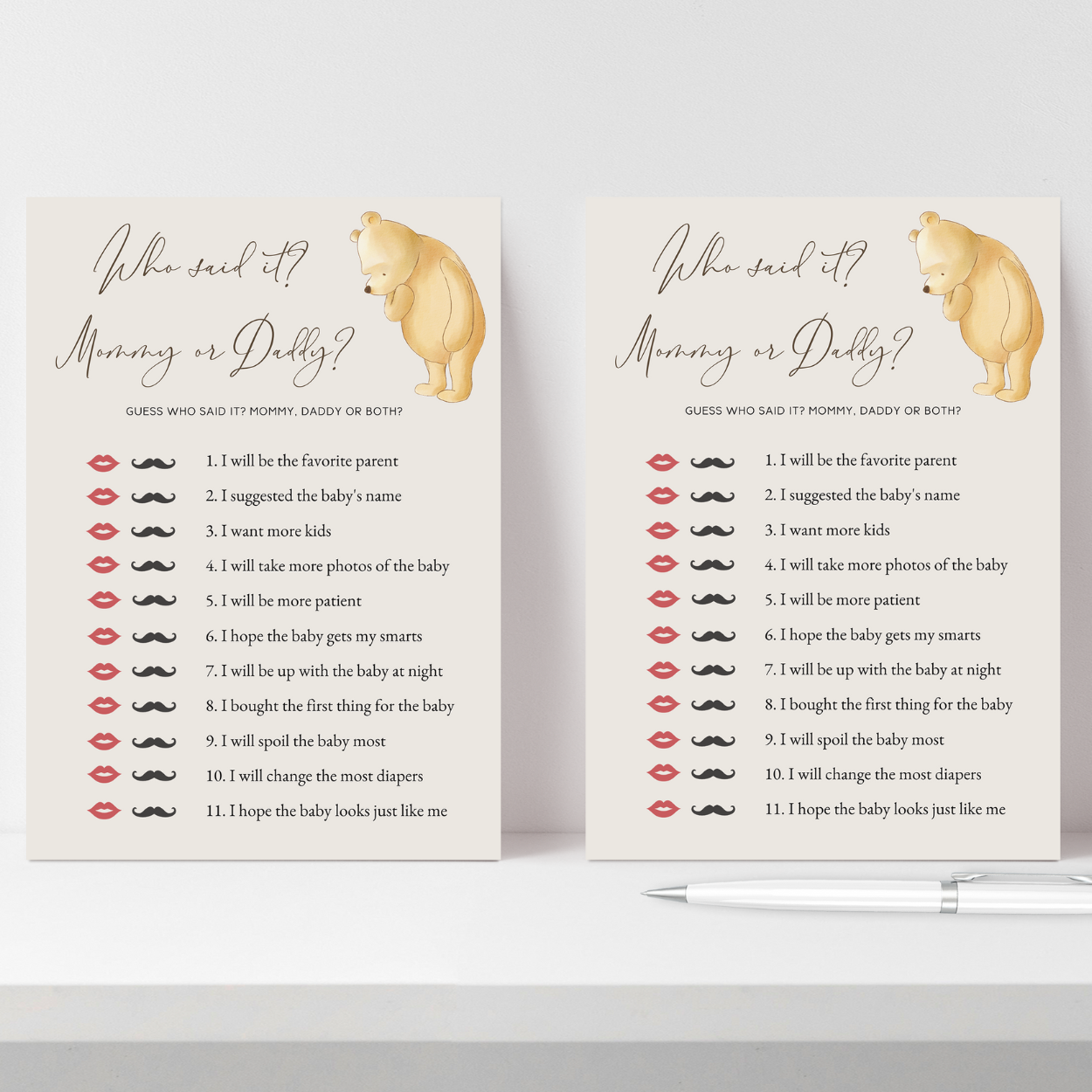 winnie the pooh game
game baby shower
pooh printables
classic pooh print
vintage pooh shower
pooh baby shower
editable template
couples baby shower
coed baby shower
guess who mom dad
mom or dad baby game
who said it game
guess who said it
