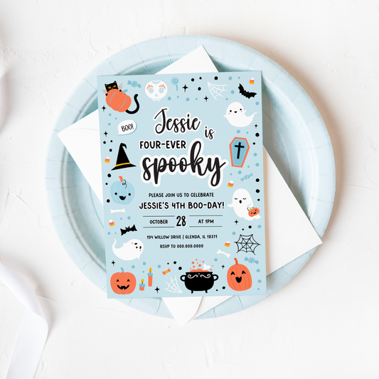 Blue Ghost Halloween 4th Birthday Invitation