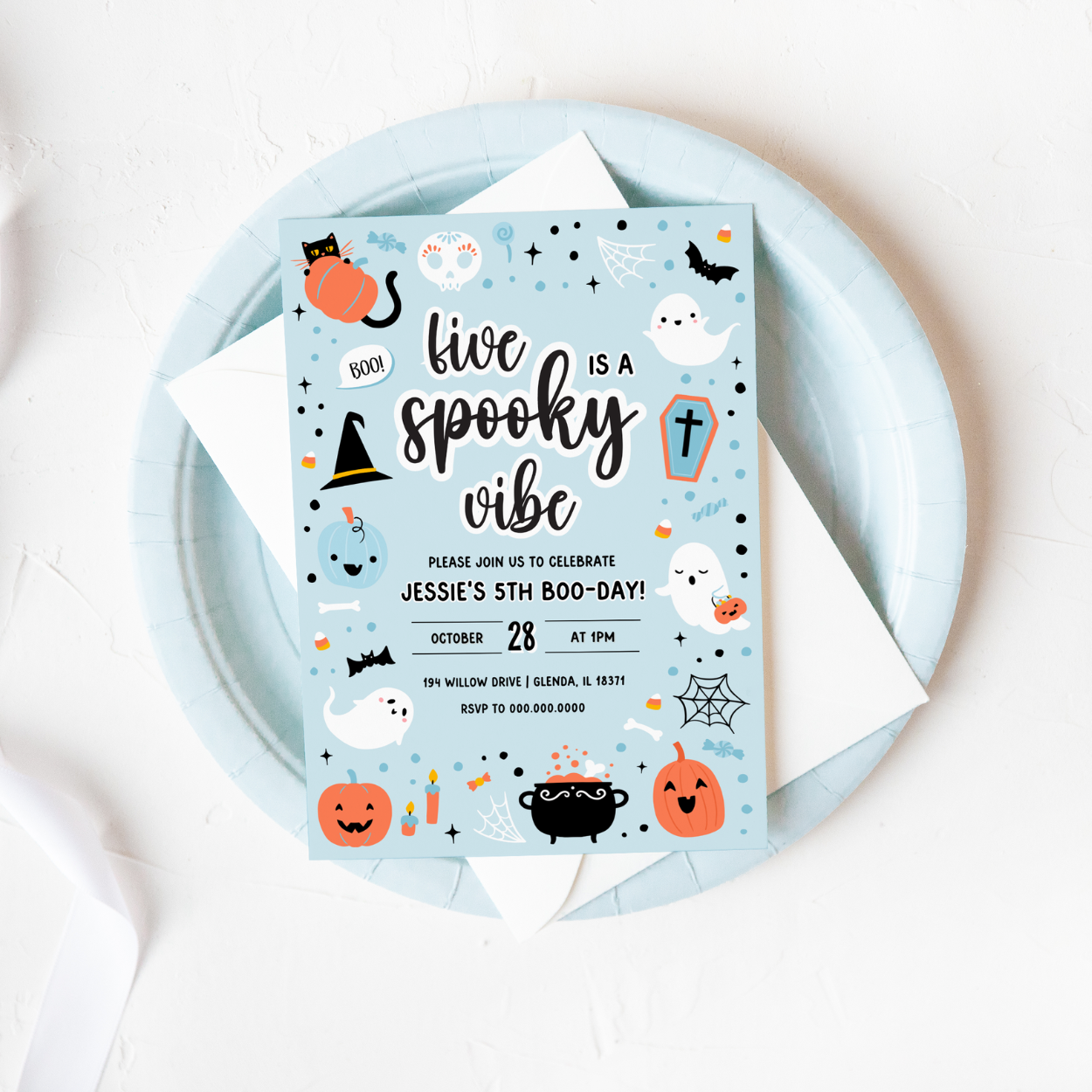 Blue Cute Ghost Halloween 5th Birthday Invitation - Custom Digital ...