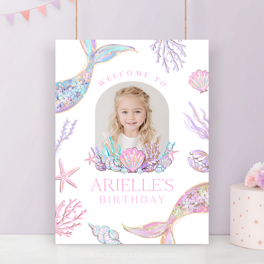 Editable mermaid party welcome sign printable – pastel pink and purple