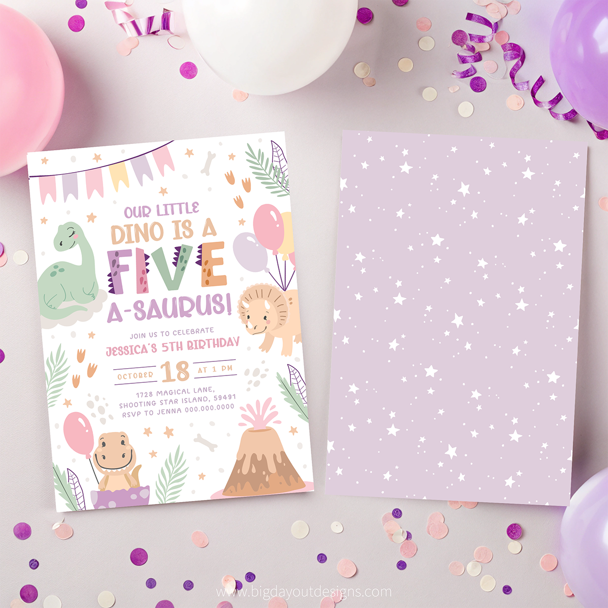 Birthday invitation card with dinosaur theme on a purple background with balloons and confetti.