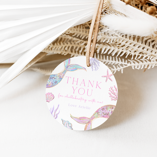 Editable mermaid favor tags printable – pastel purple shellabration