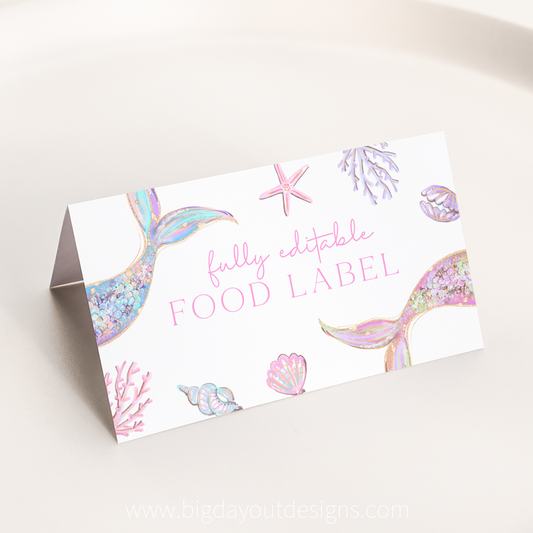Editable mermaid food labels printable – purple pastel tent cards