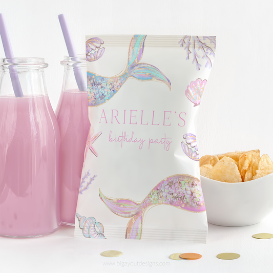 Editable mermaid chip bag printable – pastel under the sea theme