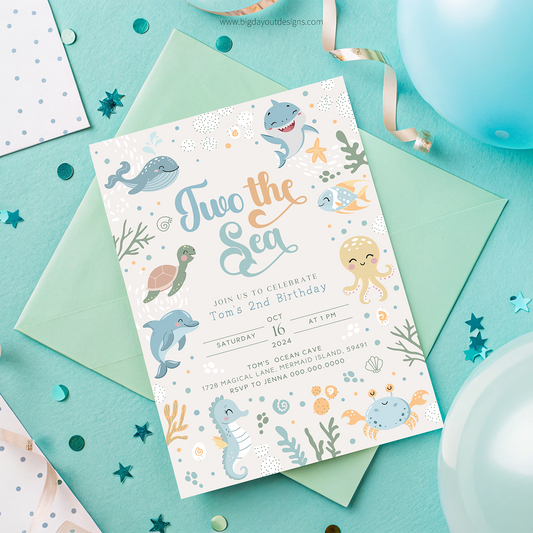 Birthday invitation card with sea-themed illustrations on a turquoise background