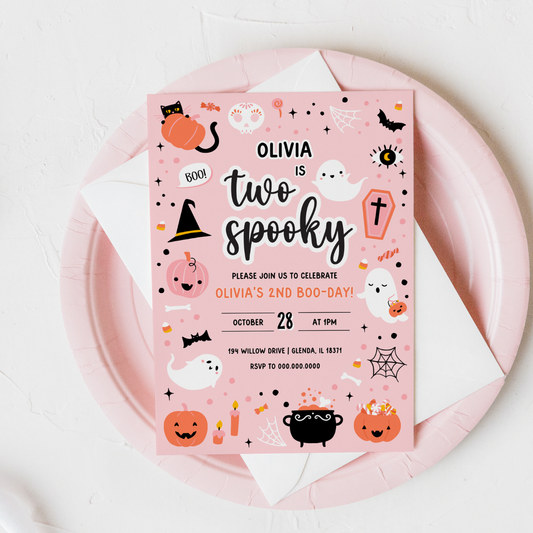 Pink Ghost Halloween 2nd Birthday Invitation