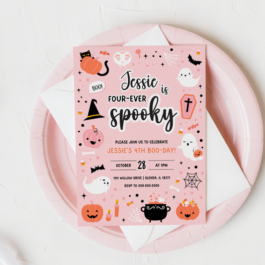 Pink Ghost Halloween 4th Birthday Invitation