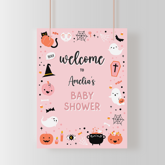 Pink Ghost Halloween Baby Shower Welcome Sign