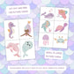 Set of small and large picture cards with sea-themed illustrations on a mermaid scale background.