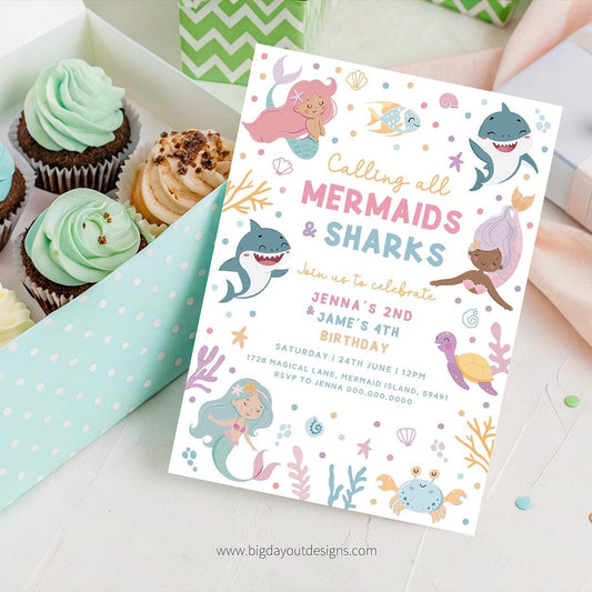 Mermaid and Shark Birthday Invitation