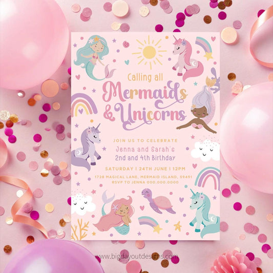 Mermaid and unicorn birthday invitation printable

