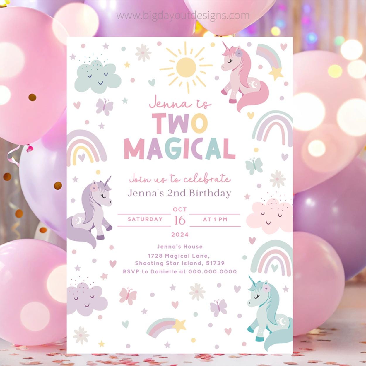 Whimsical pastel unicorn party invitation template