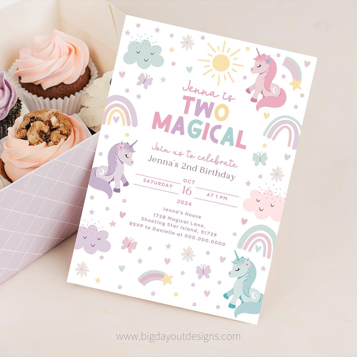 Printable unicorn birthday invitation pink rainbow