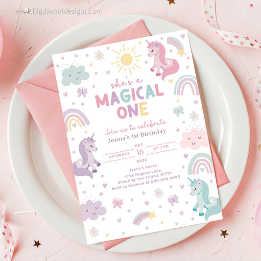 Printable magical unicorn one birthday invitation