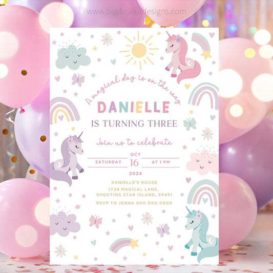 Editable unicorn 3rd birthday invitation template