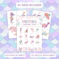 Mermaid-themed scavenger hunt sheets on a mermaid scale background