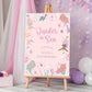 Birthday party sign with mermaid theme on an easel against a decorative background.