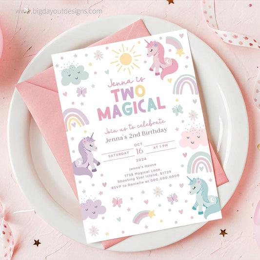 Unicorn invitation two magical pastel rainbow design