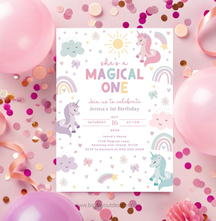 Girl’s unicorn first birthday digital download invite