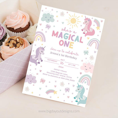 Unicorn first birthday invitation pastel rainbow design