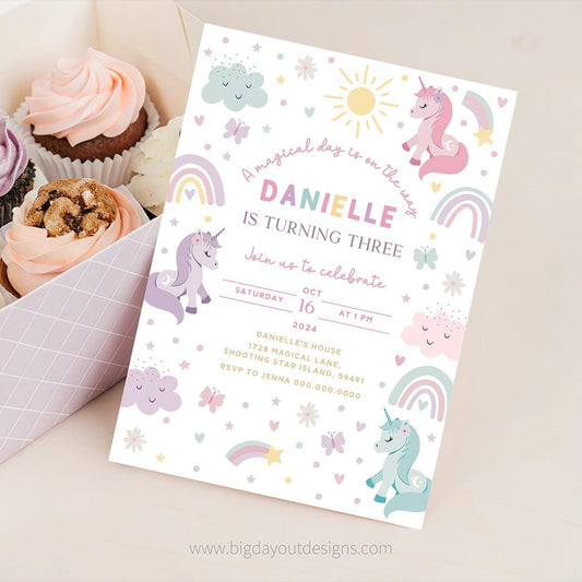 Unicorn birthday invitation for three year old
