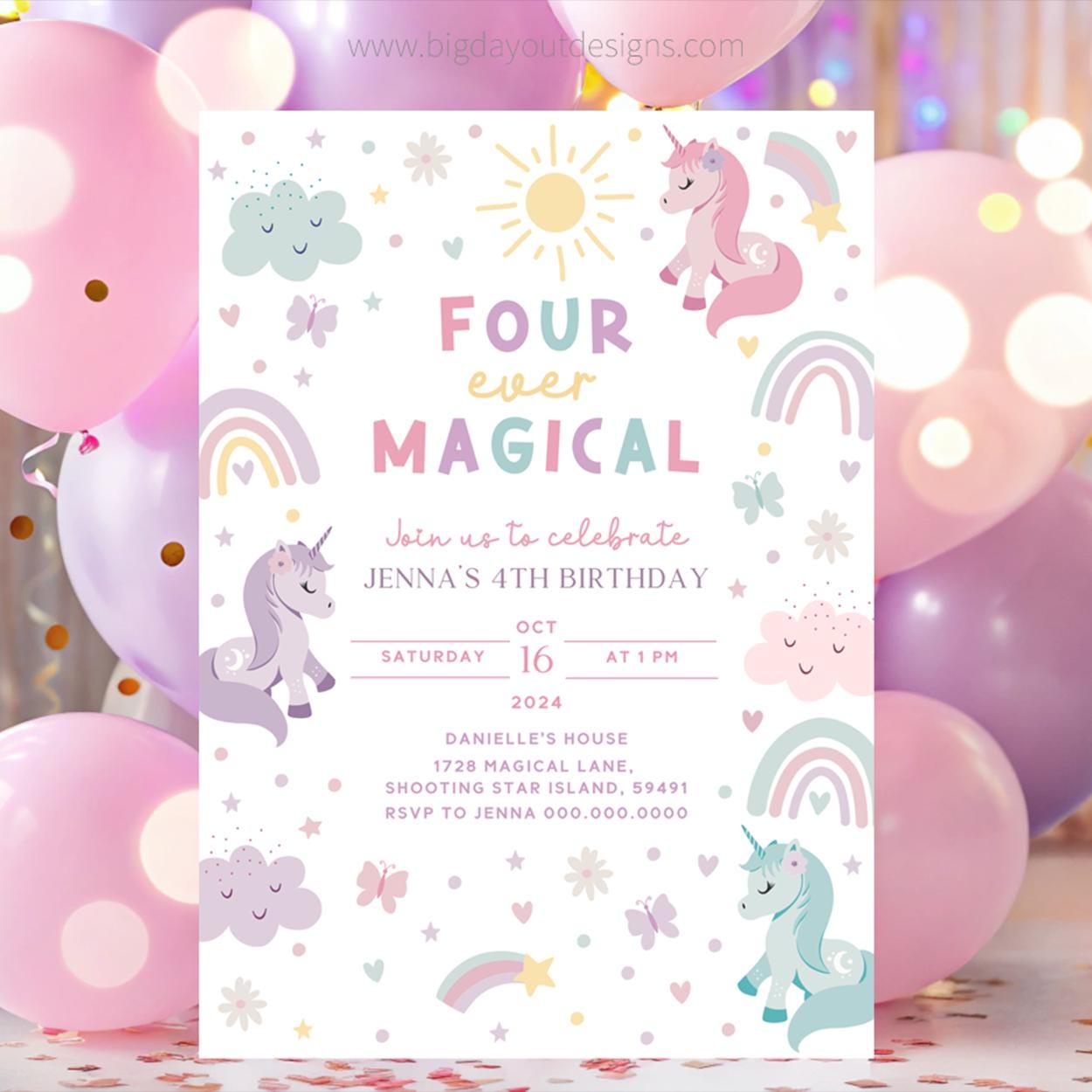 Unicorn party invitation for 4th birthday celebration