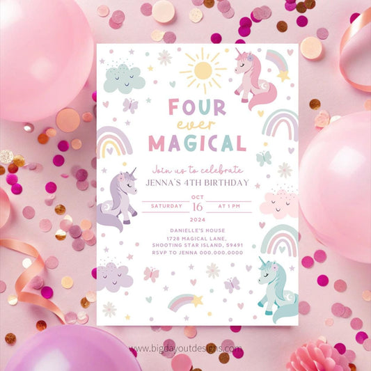 Unicorn 4th birthday invitation pastel rainbow
