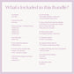 List of items included in a bundle on a light purple background
