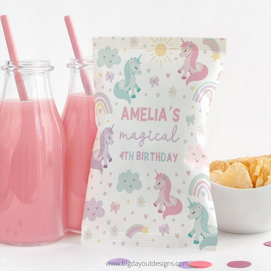 Custom unicorn birthday chip bag printable with rainbow design