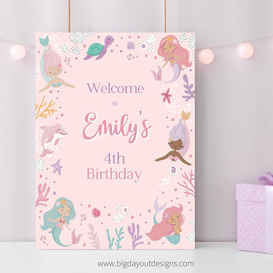 Birthday party invitation with mermaid design and text 'Welcome to Emily's 4th Birthday' on a pink background.