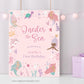 Invitation card with mermaid design and text for a birthday party on a pink background.