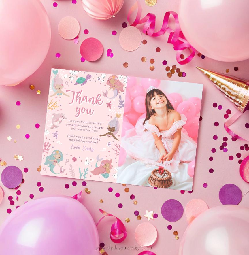 Thank you card with a photo of a girl in a white dress surrounded by pink balloons and confetti.