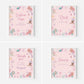 Four pink mermaid-themed signs with text on a white background