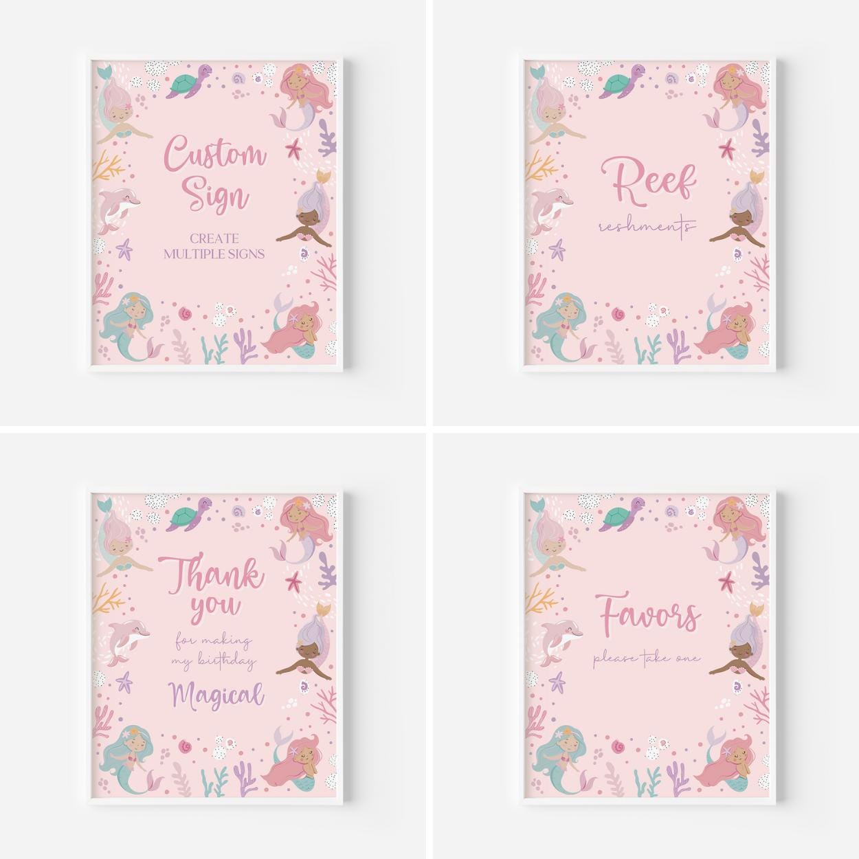 Four pink mermaid-themed signs with text on a white background
