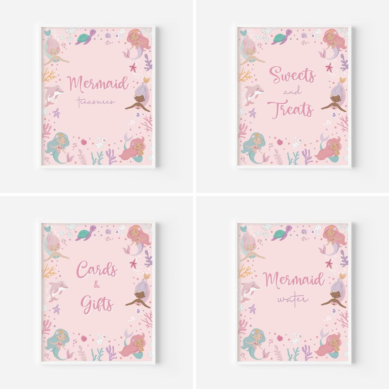 Four pink-themed cards with mermaid illustrations and text on a white background.
