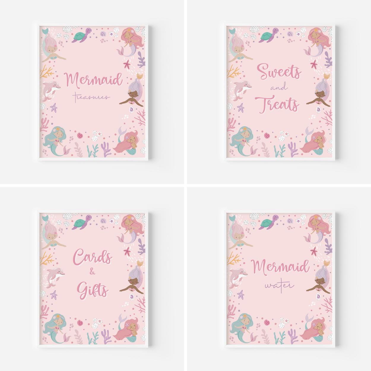Four pink-themed cards with mermaid illustrations and text on a white background.