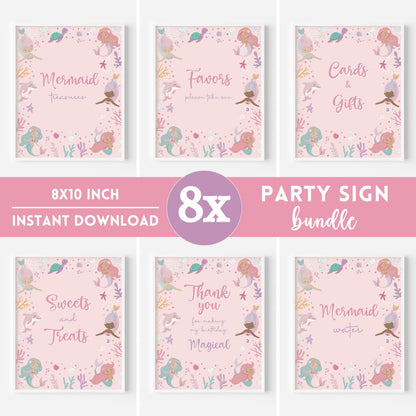 Mermaid-themed party sign bundle with text on a pink background