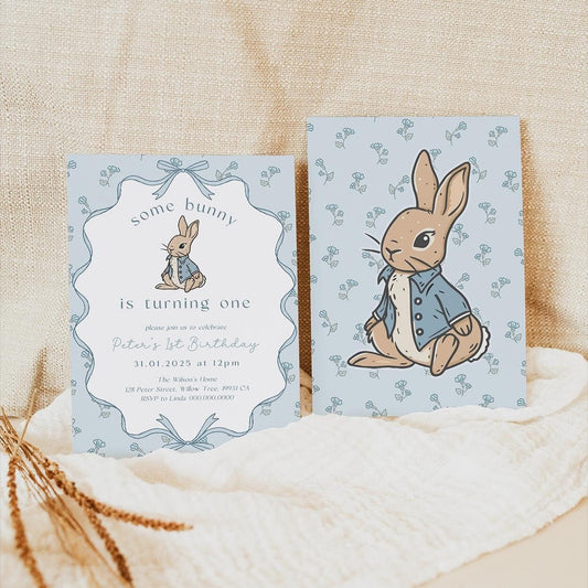 Rustic Peter Rabbit first birthday invitation with blue bow