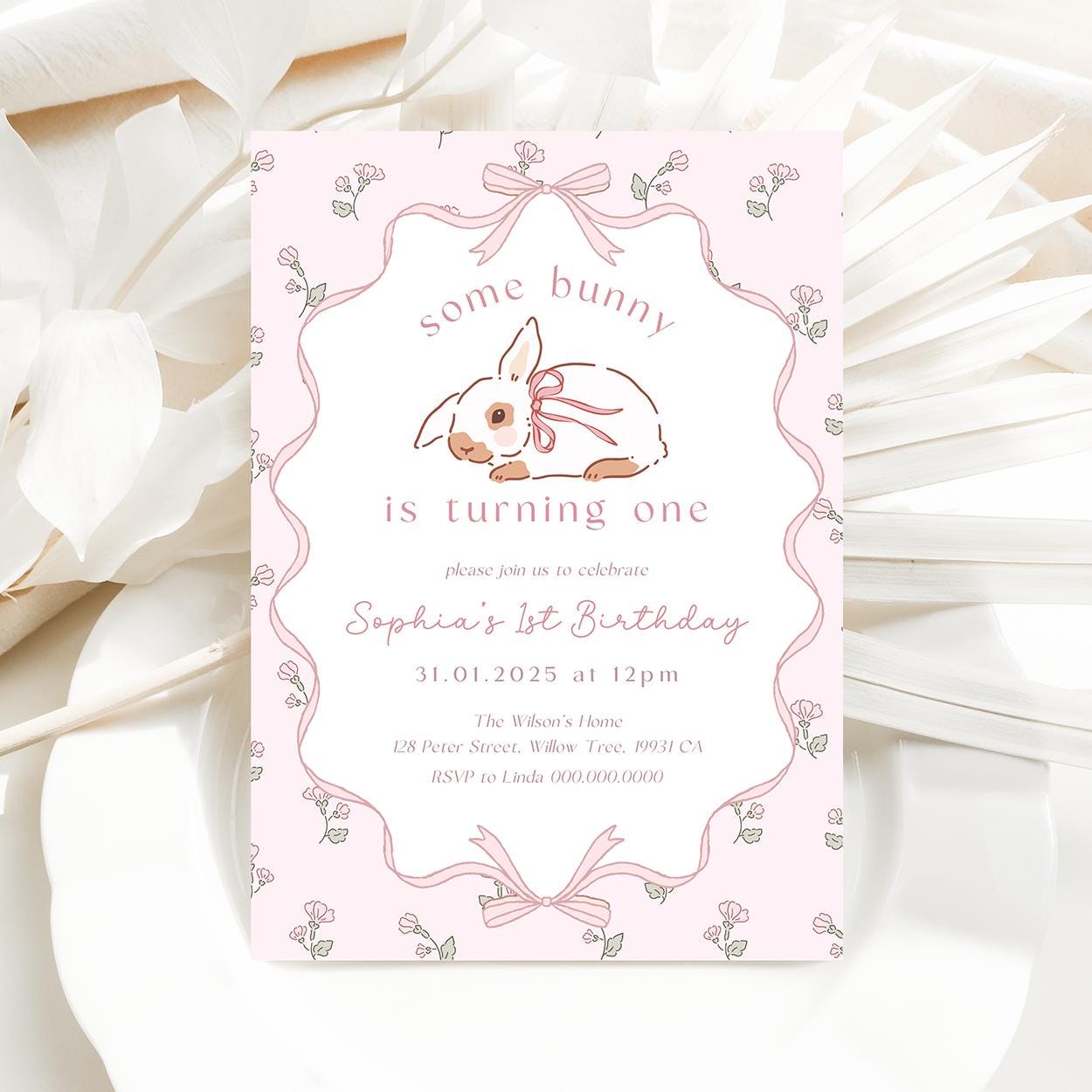 Customizable bunny-themed first birthday invite for girls