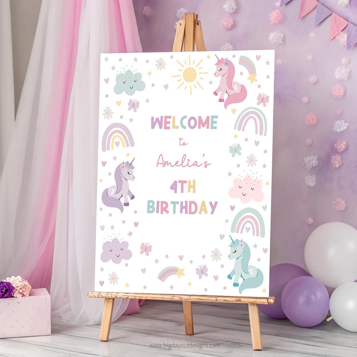 Pastel rainbow unicorn party decoration sign