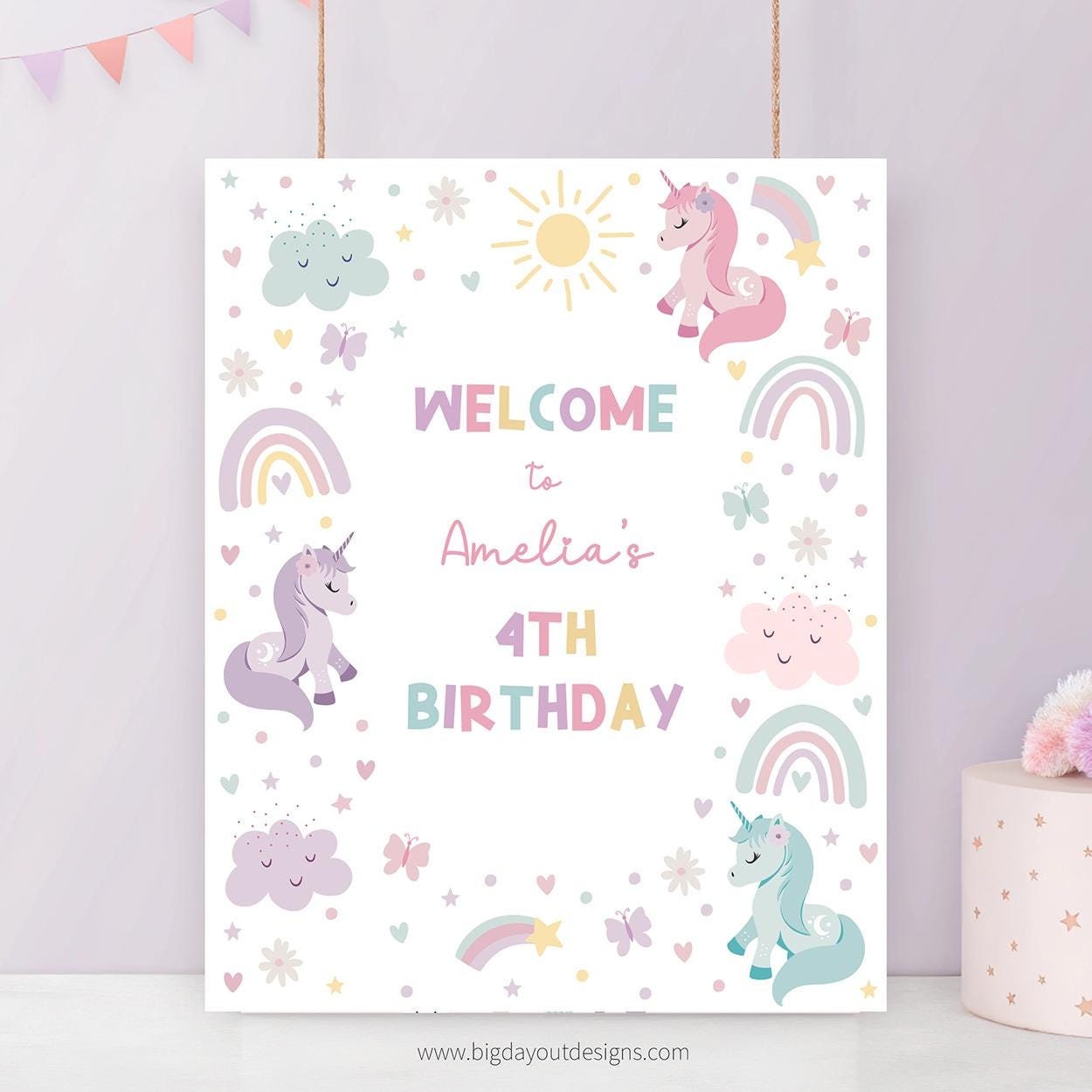 Unicorn birthday welcome sign printable pastel rainbow