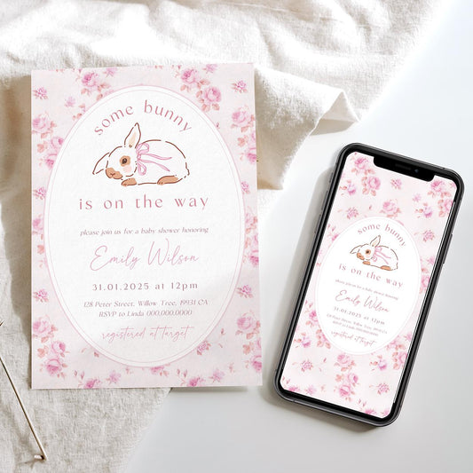 Pink bow bunny baby shower invite

