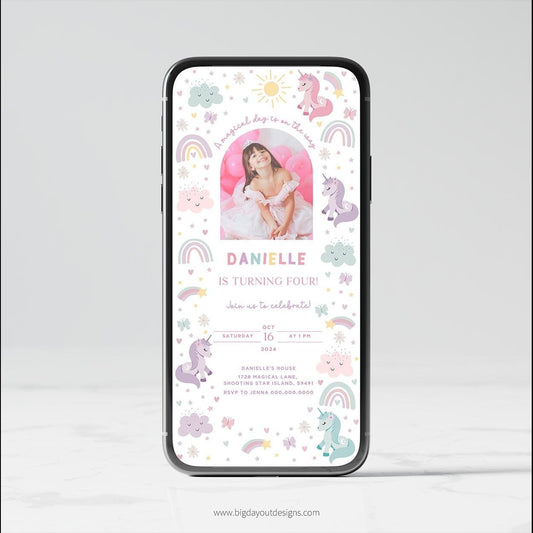 Unicorn birthday invitation with picture