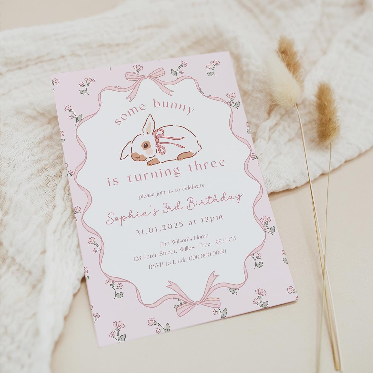 Coquette style bunny-themed party invitation